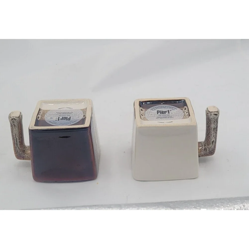 Pier 1 Imports Square Mugs Set of 2 Tri Color Glazed Stoneware Brown Tan